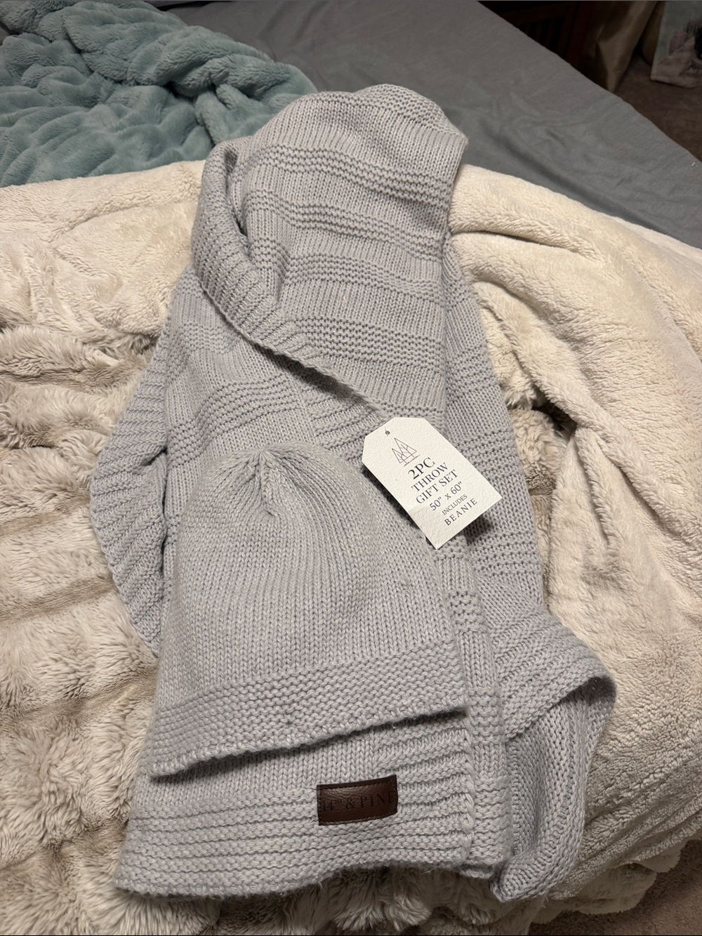 Light Gray Knit Beanie & throw  Set - Women's Cozy Winter Accessories